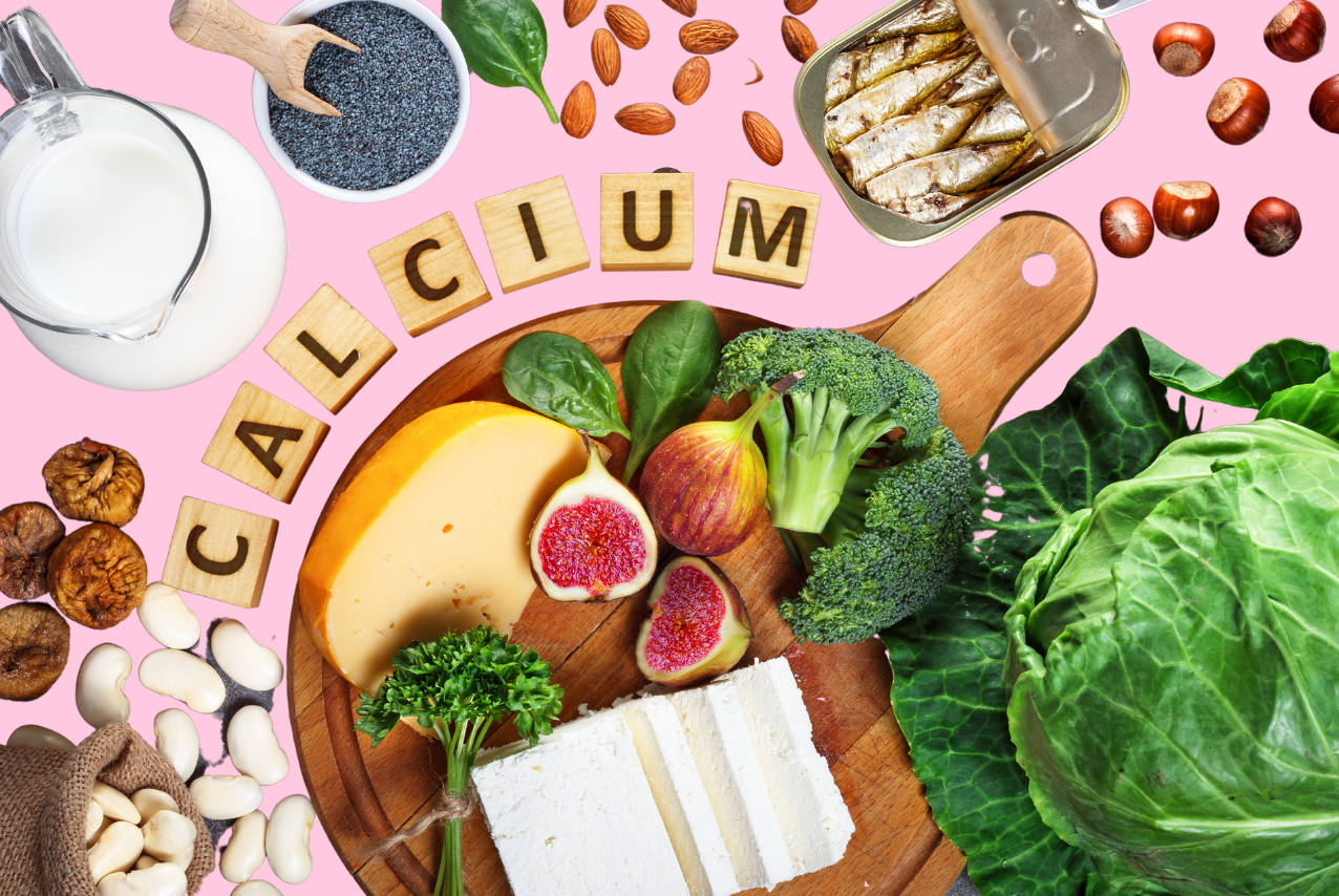 aliments contenant du calcium sur fond rose